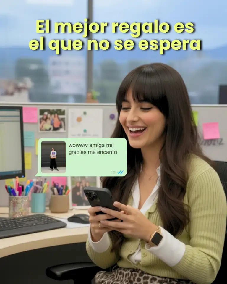 Mujer joven sonriendo en su oficina al leer un mensaje de agradecimiento por un regalo sorpresa entregado a domicilio.