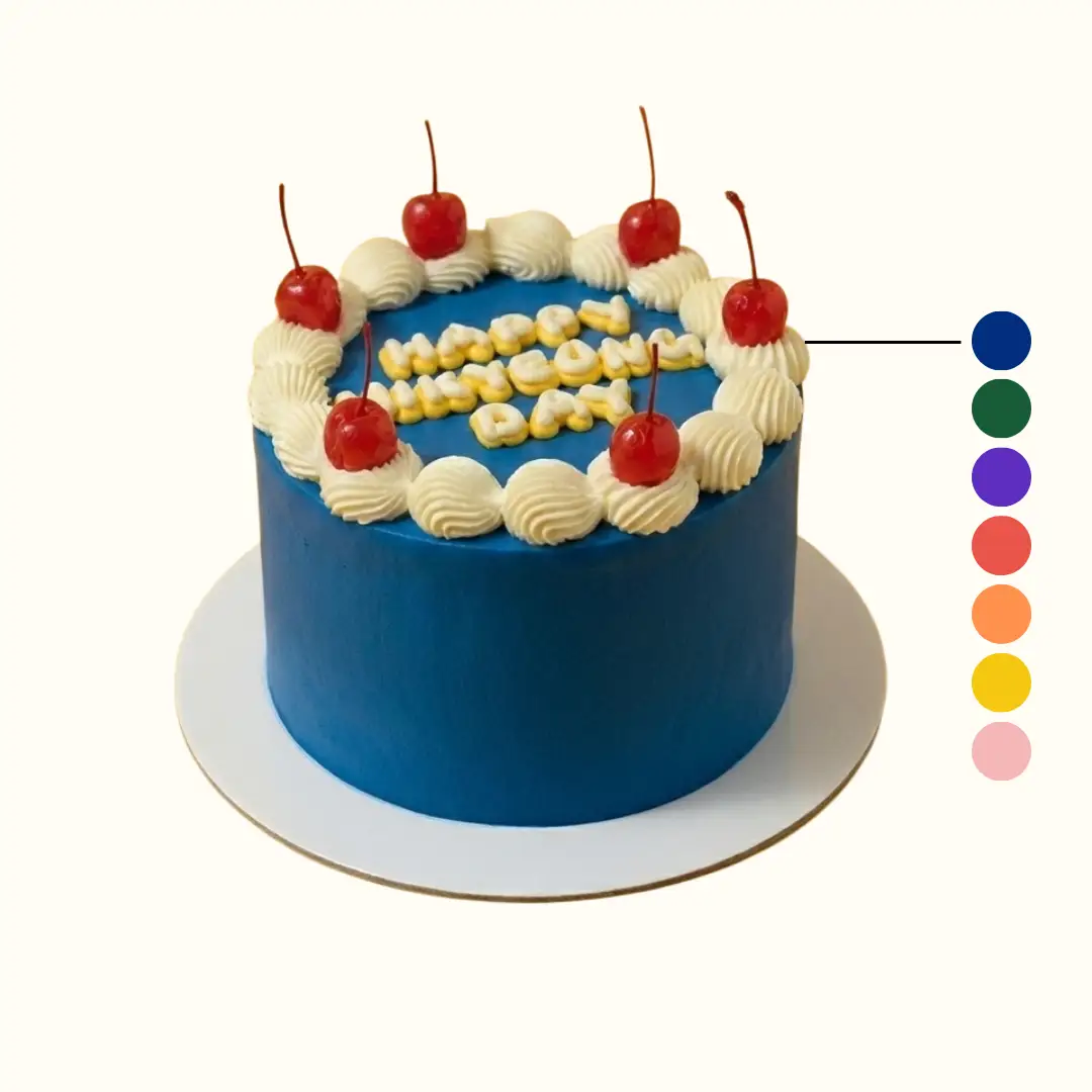 Pastel de Cumpleaños Vintage Personalizado Pastel de cumpleaños azul para 5 porciones con cerezas y borde de crema.