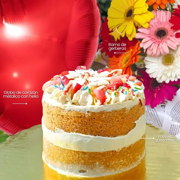 Pastel + globo + gerberas