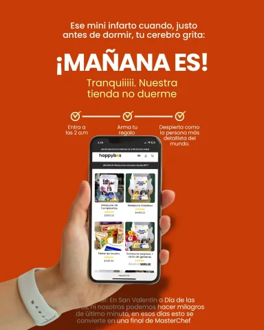 Una persona comprando un desayuno sorpresa de último minuto en su celular desde la tienda en línea HappyBox, solucionando un regalo para el día siguiente.