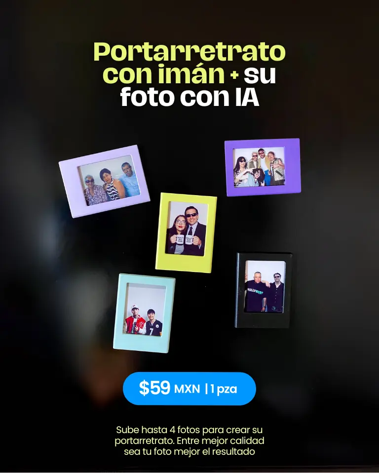 Varios portarretratos de colores con imán y fotos personalizadas con IA, un regalo original y económico de HappyBox a $59 pesos.
